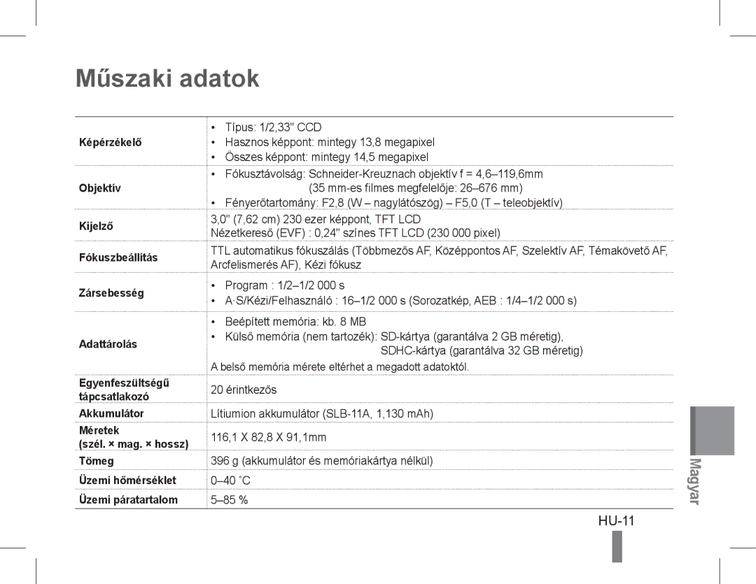 Samsung EC-WB5500BPBIL, EC-WB5500BPAE1, EC-WB5500BPBE1, EC-WB5500BPBIT, EC-WB5500BPASA, EC-WB5500BPBSA Műszaki adatok, HU-11 