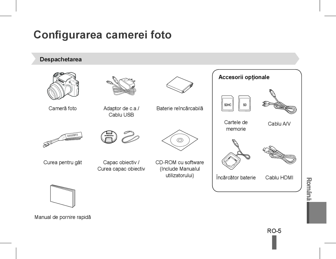 Samsung EC-WB5500BPAE3, EC-WB5500BPAE1, EC-WB5500BPBE1 manual Configurarea camerei foto, Despachetarea Accesorii opţionale 