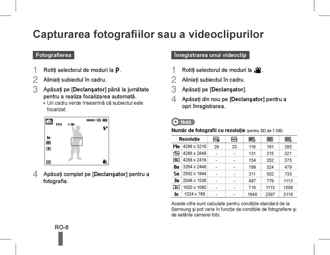 Samsung EC-WB5500BPAE1, EC-WB5500BPBE1, EC-WB5500BPBIT manual Capturarea fotografiilor sau a videoclipurilor, Fotografierea 