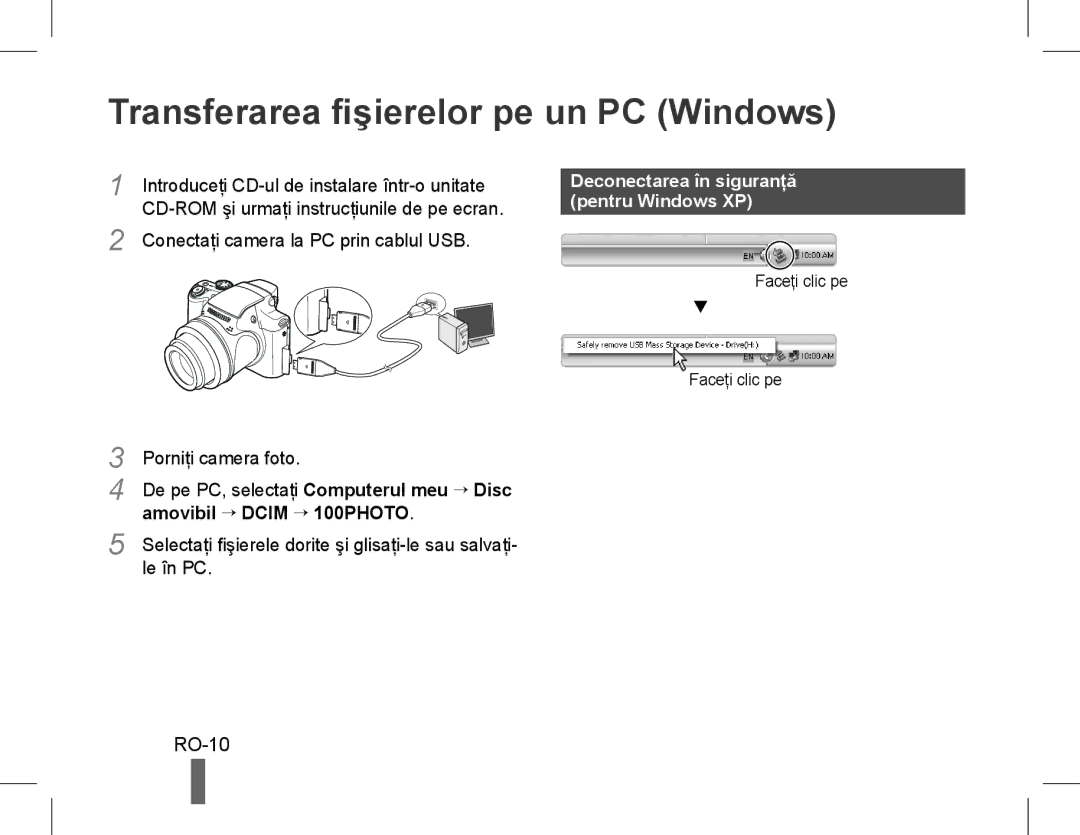 Samsung EC-WB5500BPBIT, EC-WB5500BPAE1, EC-WB5500BPBE1 Transferarea fişierelor pe un PC Windows, RO-10, Pentru Windows XP 