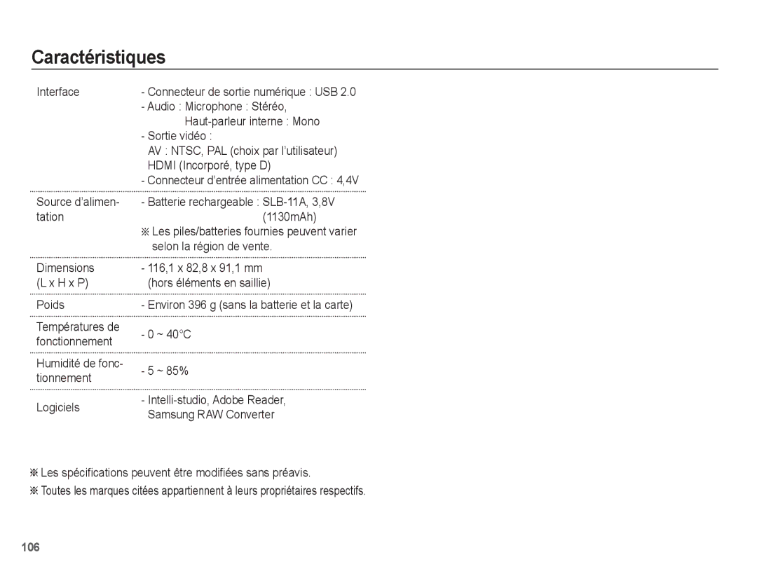 Samsung EC-WB5500BPBE1, EC-WB5500BPAE1 manual Interface, Poids, Connecteur d’entrée alimentation CC 4,4V 