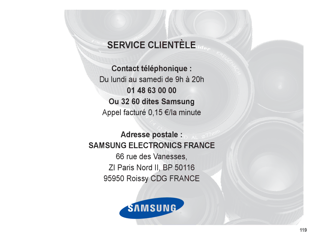 Samsung EC-WB5500BPAE1, EC-WB5500BPBE1 manual Contact téléphonique, 01 48 63 00 Ou 32 60 dites Samsung, Adresse postale 