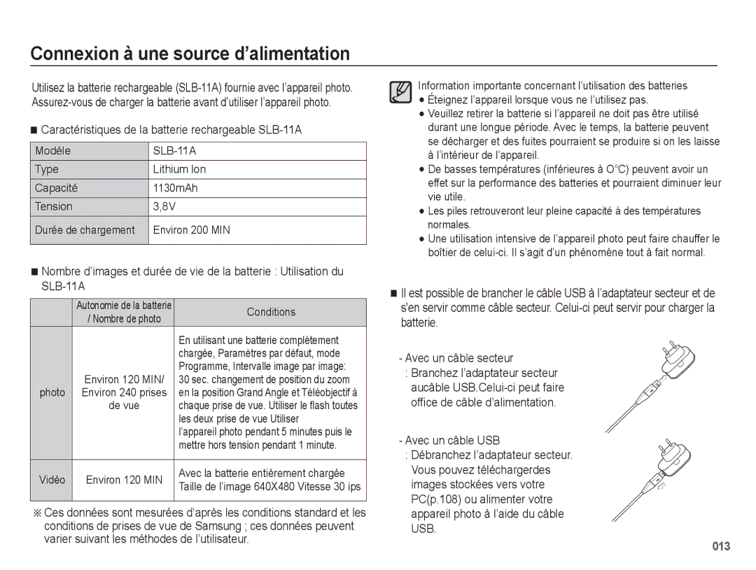 Samsung EC-WB5500BPAE1 manual Connexion à une source d’alimentation, Caractéristiques de la batterie rechargeable SLB-11A 