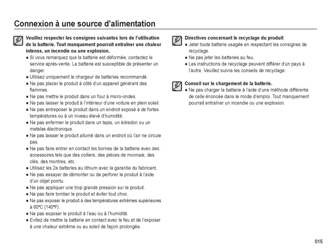 Samsung EC-WB5500BPAE1, EC-WB5500BPBE1 manual 60ºC 140ºF Ne pas exposer le produit à l’eau ou à l’humidité 