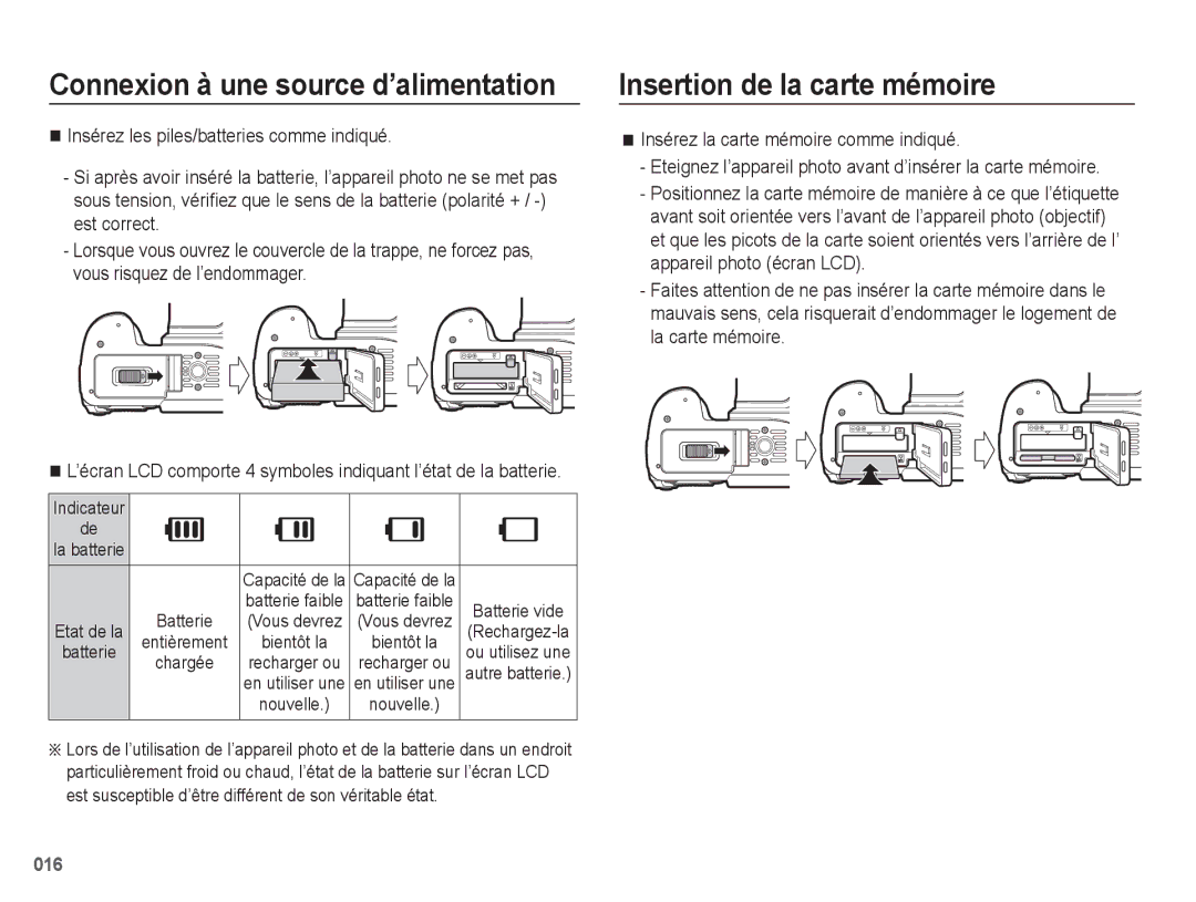 Samsung EC-WB5500BPBE1, EC-WB5500BPAE1 manual Insertion de la carte mémoire, Connexion à une source d’alimentation 