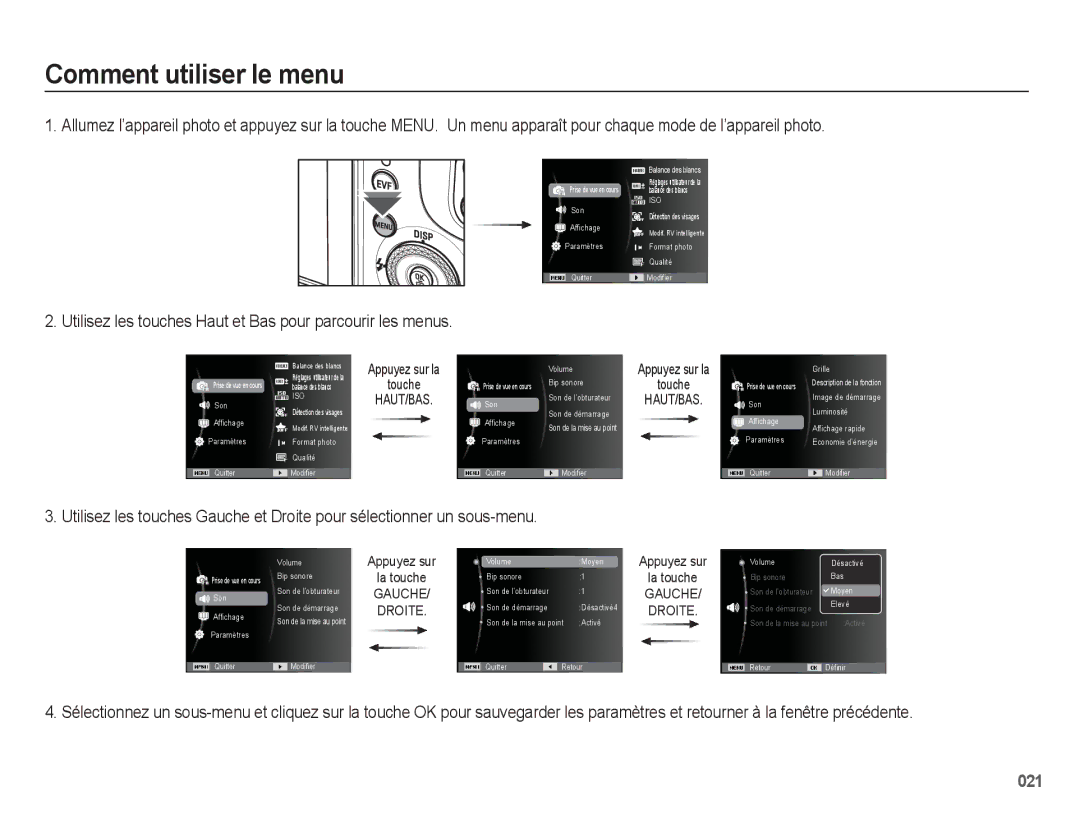 Samsung EC-WB5500BPAE1, EC-WB5500BPBE1 Comment utiliser le menu, Utilisez les touches Haut et Bas pour parcourir les menus 