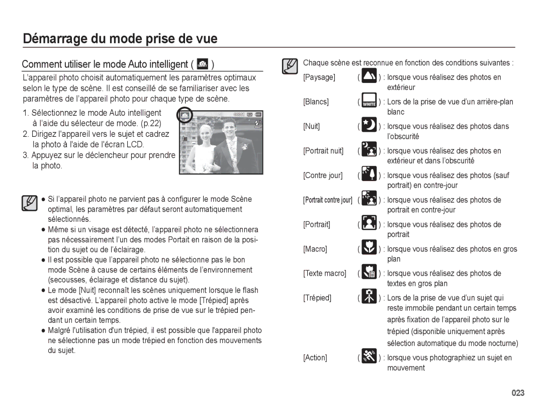 Samsung EC-WB5500BPAE1 manual Comment utiliser le mode Auto intelligent, Appuyez sur le déclencheur pour prendre la photo 