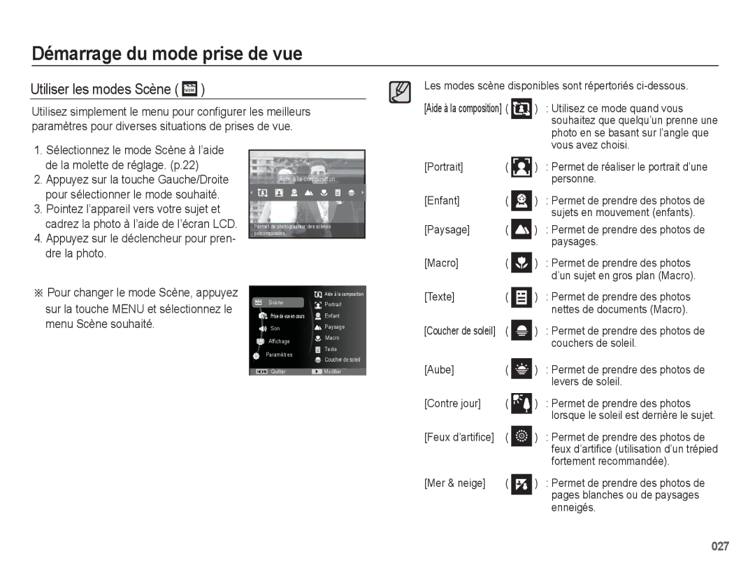 Samsung EC-WB5500BPAE1, EC-WB5500BPBE1 manual Utiliser les modes Scène, Appuyez sur le déclencheur pour pren- dre la photo 