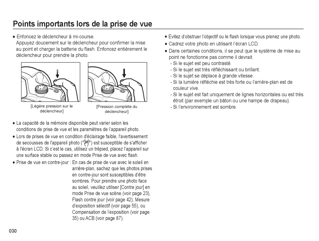 Samsung EC-WB5500BPBE1, EC-WB5500BPAE1 manual Points importants lors de la prise de vue, Enfoncez le déclencheur à mi-course 