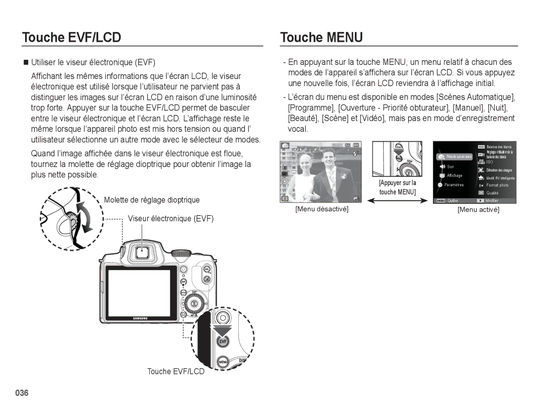 Samsung EC-WB5500BPBE1, EC-WB5500BPAE1 manual Touche Menu, Utiliser le viseur électronique EVF 