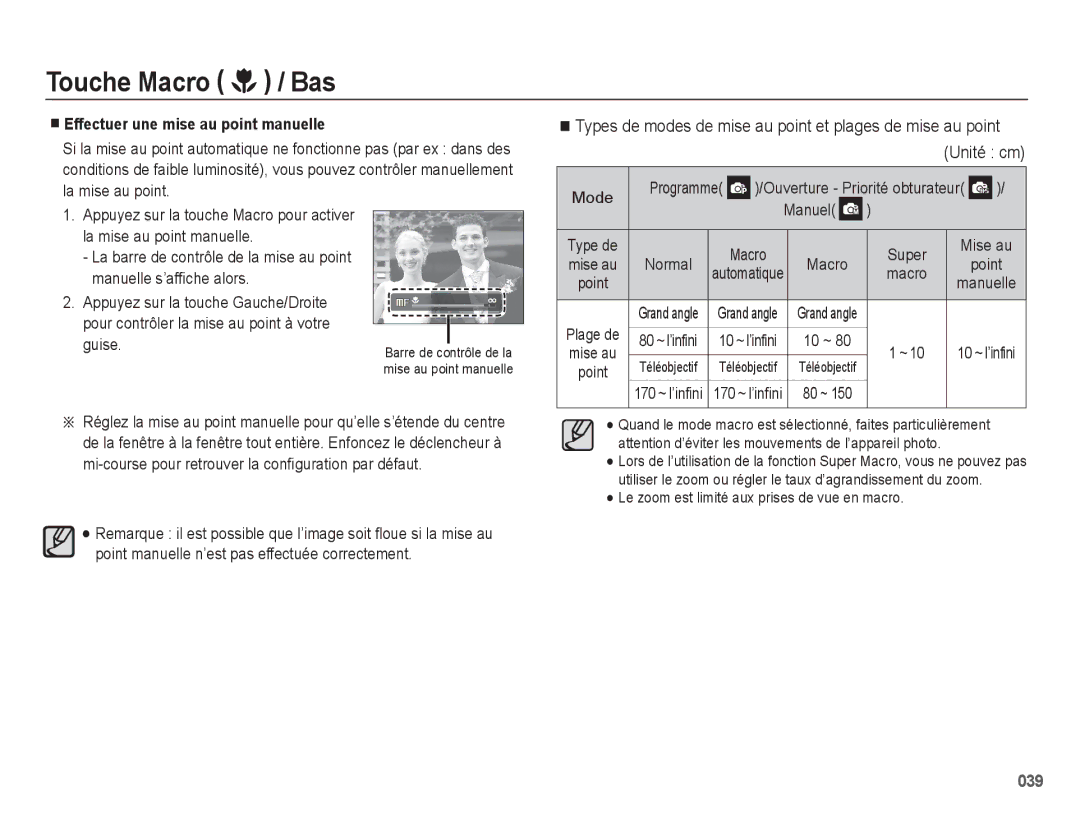 Samsung EC-WB5500BPAE1, EC-WB5500BPBE1 manual Manuel Type de Macro Super Mise au, Normal automatique Macro Point, ~10 