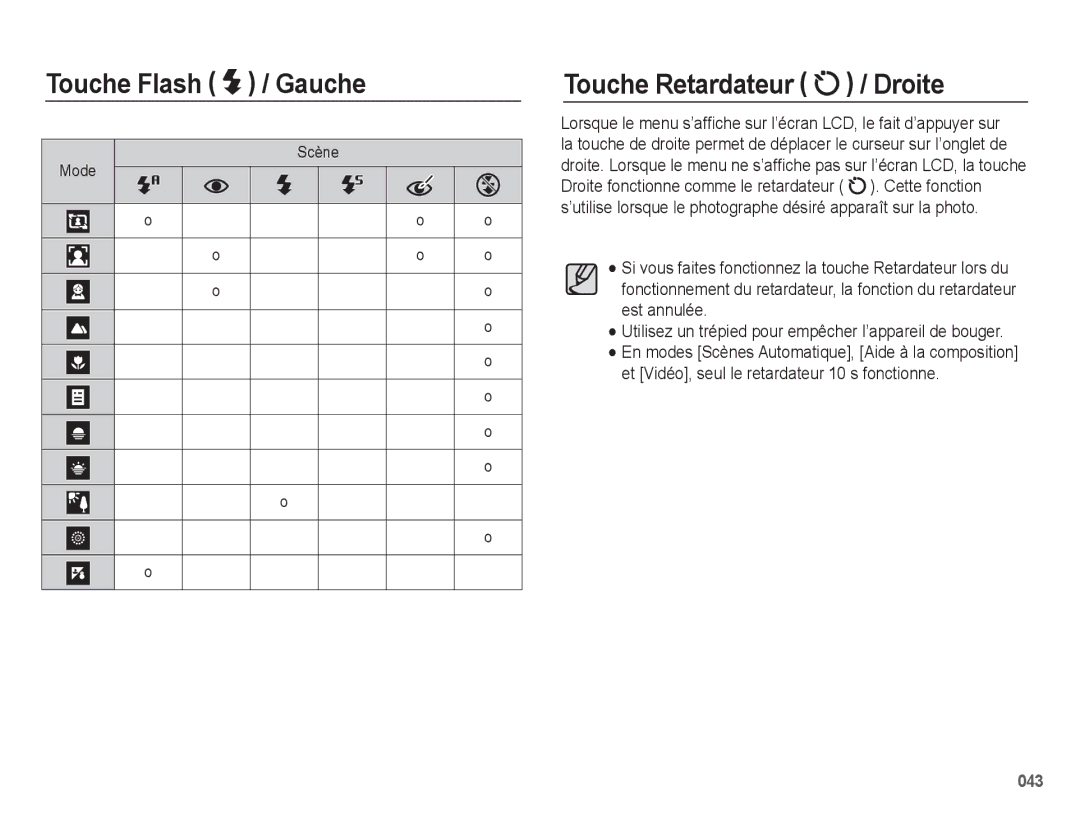 Samsung EC-WB5500BPAE1, EC-WB5500BPBE1 manual Touche Flash Gauche Touche Retardateur Droite, Cette fonction, Est annulée 