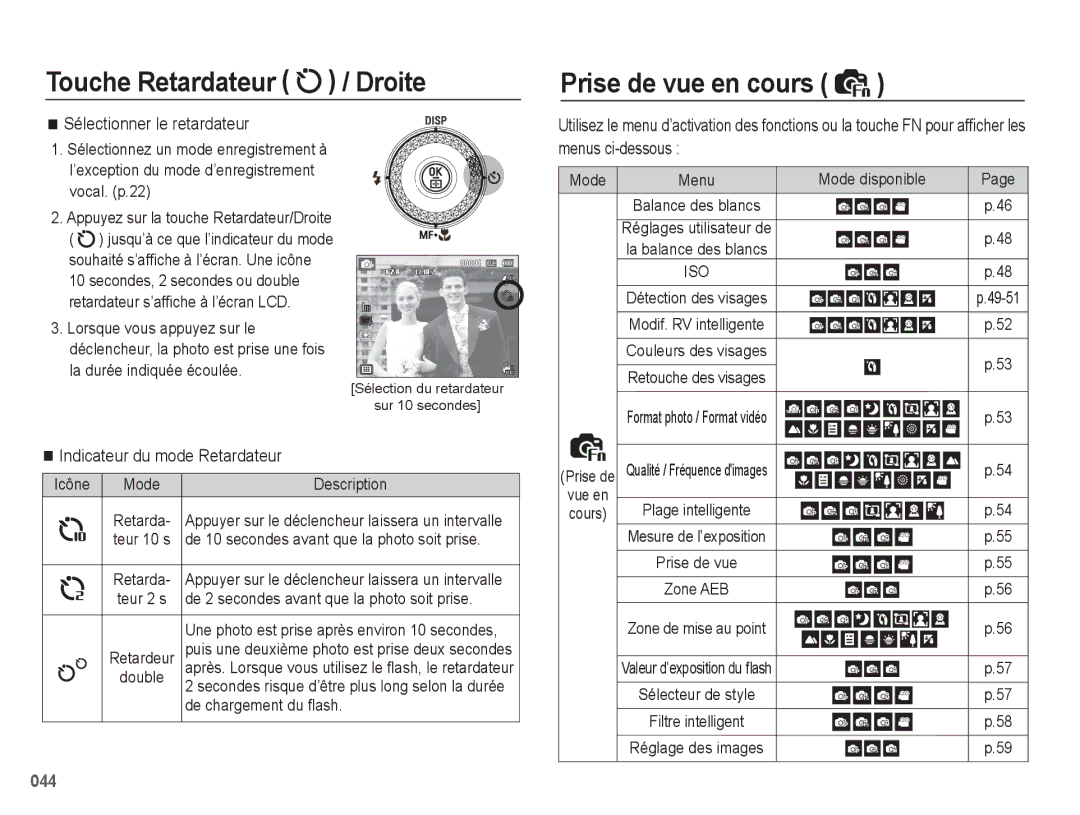 Samsung EC-WB5500BPBE1, EC-WB5500BPAE1 Touche Retardateur / Droite, Prise de vue en cours, Sélectionner le retardateur 