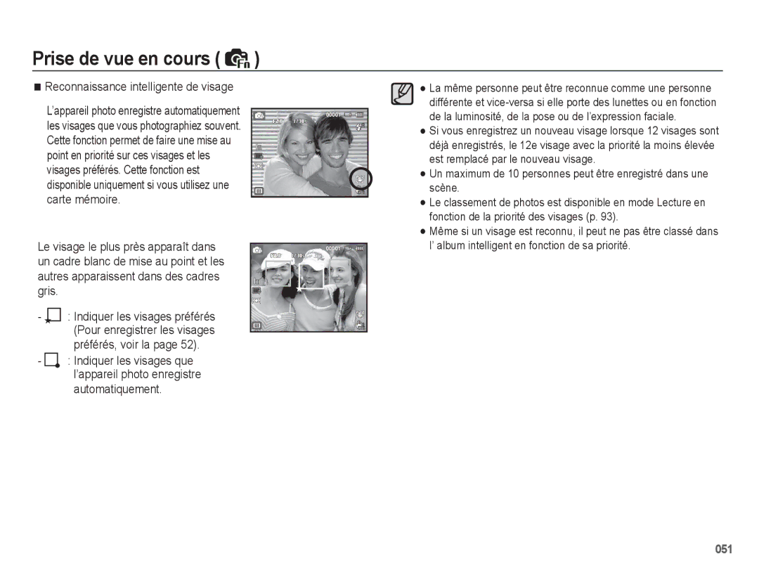 Samsung EC-WB5500BPAE1, EC-WB5500BPBE1 manual Reconnaissance intelligente de visage 