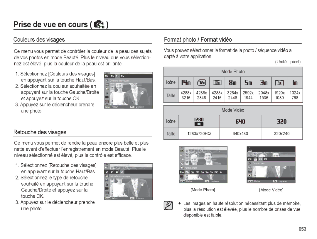 Samsung EC-WB5500BPAE1, EC-WB5500BPBE1 manual Couleurs des visages, Format photo / Format vidéo, Retouche des visages 