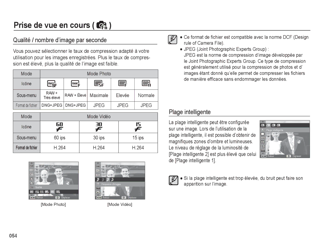 Samsung EC-WB5500BPBE1, EC-WB5500BPAE1 Qualité / nombre d’image par seconde, Plage intelligente, ips 30 ips 15 ips, 264 