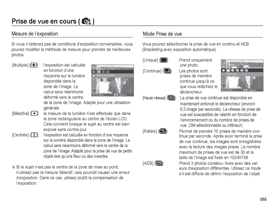 Samsung EC-WB5500BPAE1, EC-WB5500BPBE1 manual Mesure de l’exposition, Mode Prise de vue 