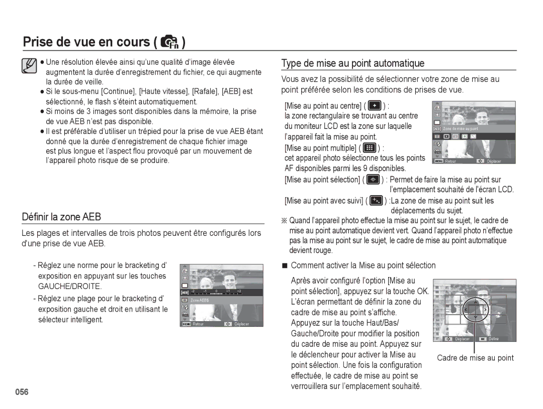 Samsung EC-WB5500BPBE1 manual Déﬁnir la zone AEB, Type de mise au point automatique, AF disponibles parmi les 9 disponibles 