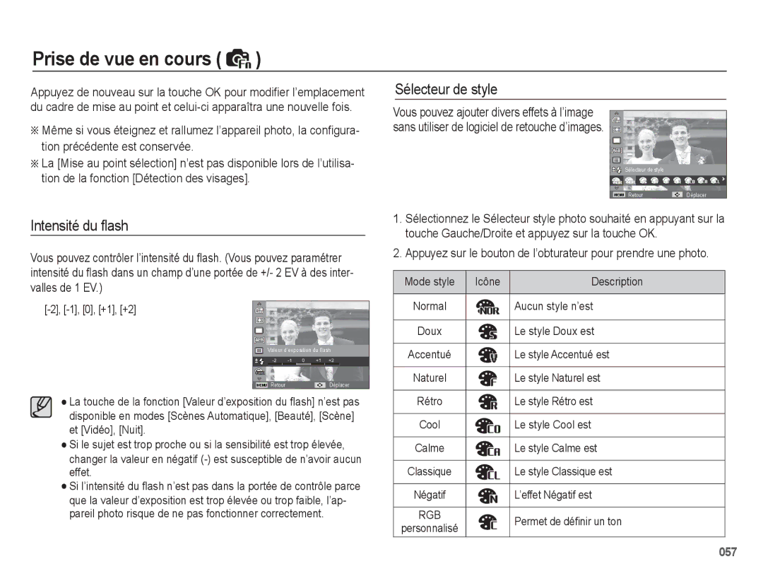 Samsung EC-WB5500BPAE1, EC-WB5500BPBE1 manual Intensité du ﬂash, Sélecteur de style 
