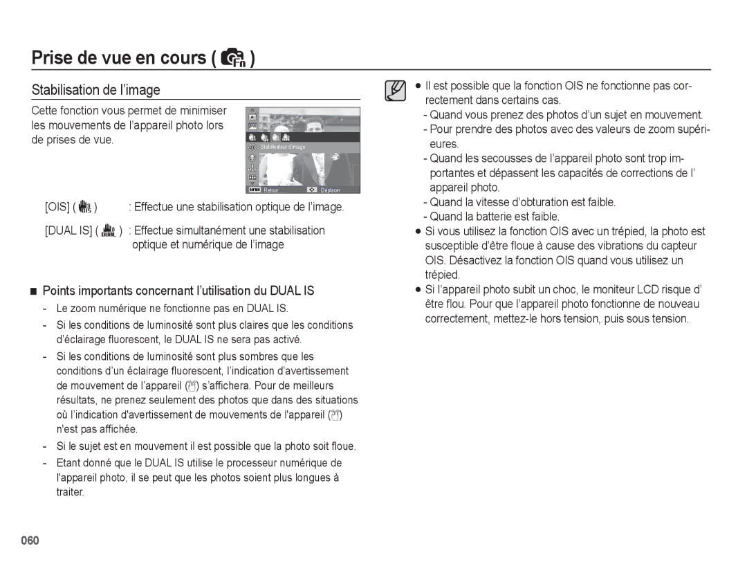 Samsung EC-WB5500BPBE1, EC-WB5500BPAE1 manual Stabilisation de l’image, Ois, Le zoom numérique ne fonctionne pas en Dual is 