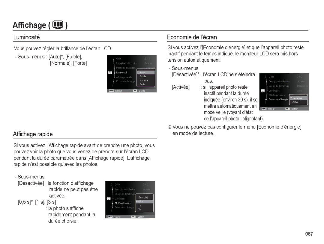 Samsung EC-WB5500BPAE1, EC-WB5500BPBE1 manual Affichage, Luminosité, Afﬁchage rapide, Economie de l’écran 