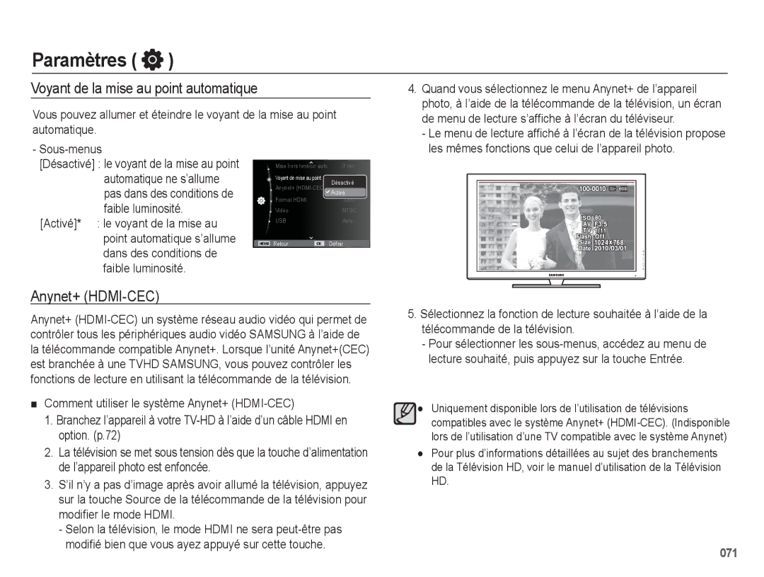 Samsung EC-WB5500BPAE1, EC-WB5500BPBE1 manual Voyant de la mise au point automatique, Anynet+ HDMI-CEC 