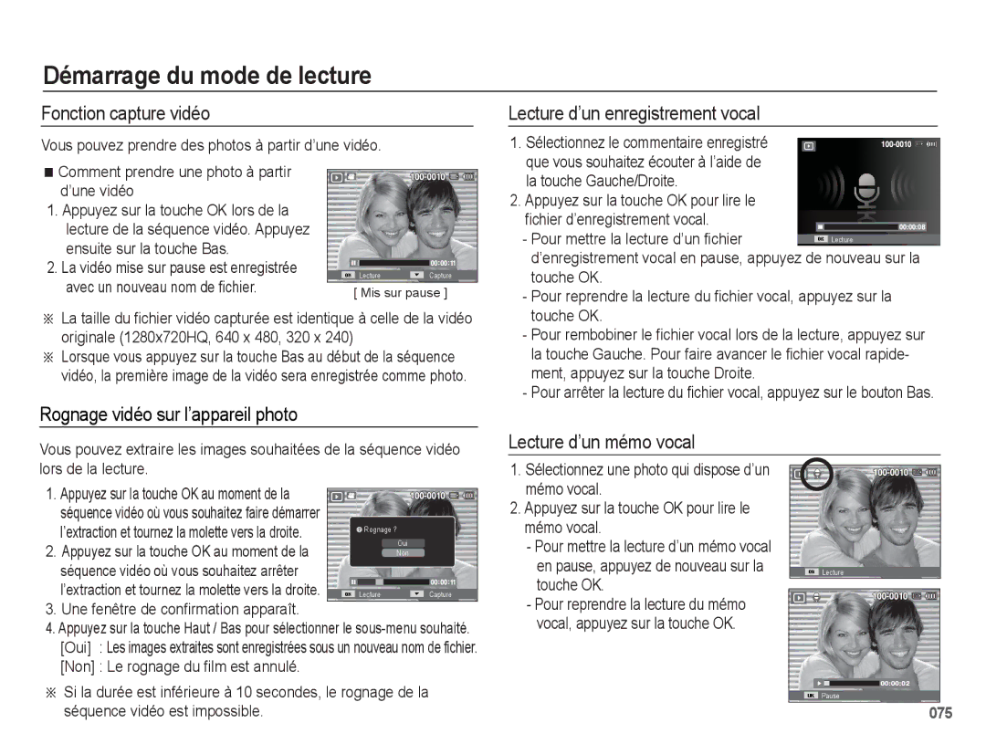 Samsung EC-WB5500BPAE1, EC-WB5500BPBE1 Fonction capture vidéo, Lecture d’un enregistrement vocal, Lecture d’un mémo vocal 