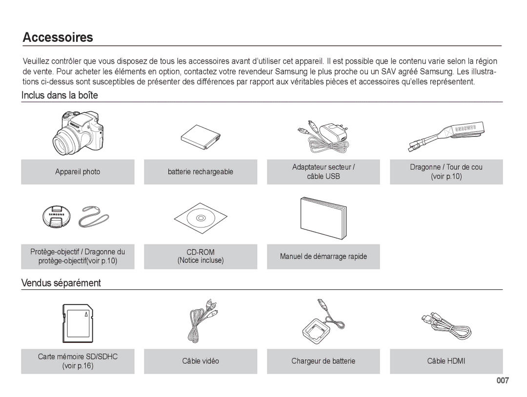 Samsung EC-WB5500BPAE1 manual Accessoires, Inclus dans la boîte, Vendus séparément, Appareil photo Batterie rechargeable 