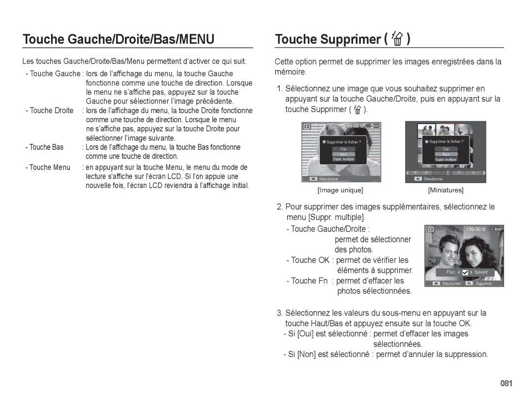 Samsung EC-WB5500BPAE1, EC-WB5500BPBE1 manual Touche Gauche/Droite/Bas/MENU, Touche Supprimer Õ 