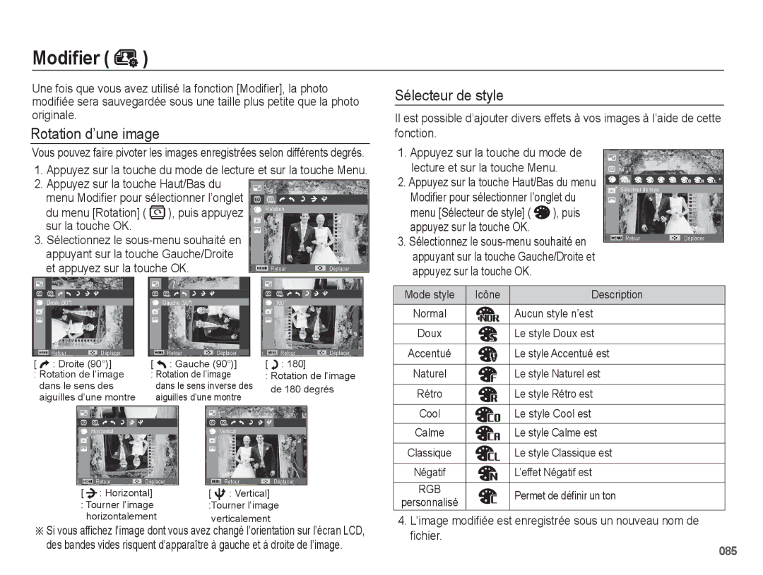 Samsung EC-WB5500BPAE1 manual Modifier, Rotation d’une image, Puis, Menu Sélecteur de style, Appuyez sur la touche OK 