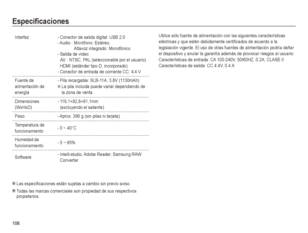 Samsung EC-WB5500BPBE1, EC-WB5500BPAE1 manual Interfaz Fuente de alimentación de energía, Peso 