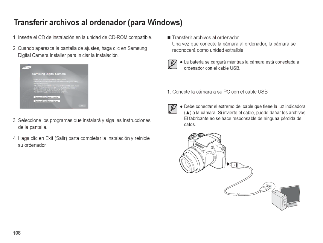 Samsung EC-WB5500BPBE1, EC-WB5500BPAE1 manual Conecte la cámara a su PC con el cable USB 