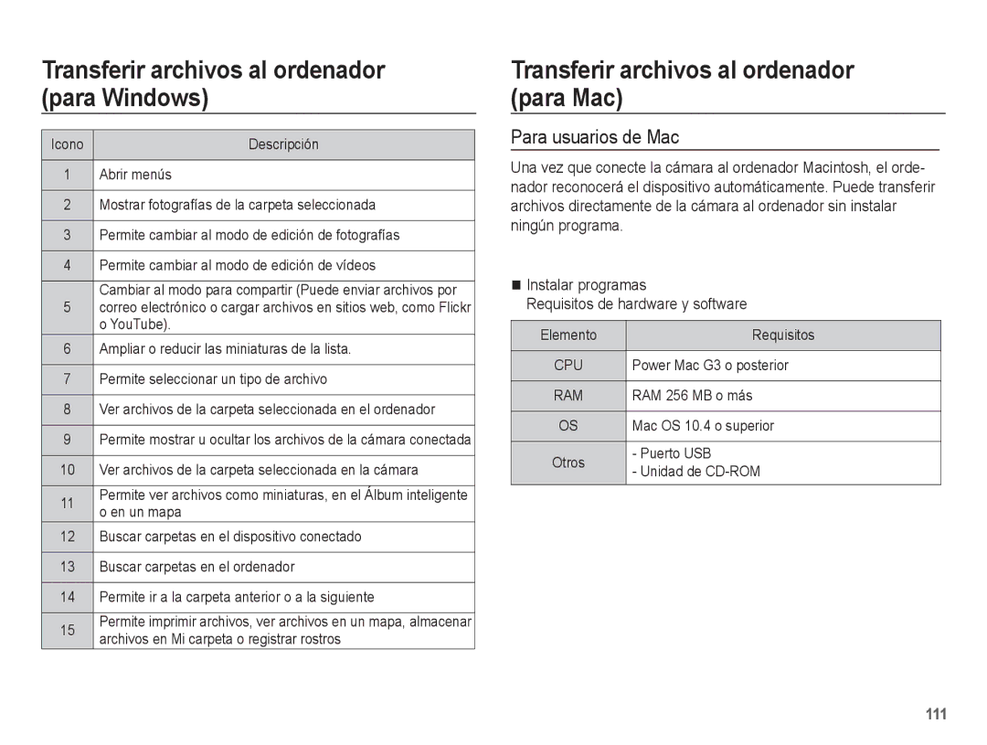 Samsung EC-WB5500BPAE1 manual Transferir archivos al ordenador para Mac, Para usuarios de Mac, Power Mac G3 o posterior 