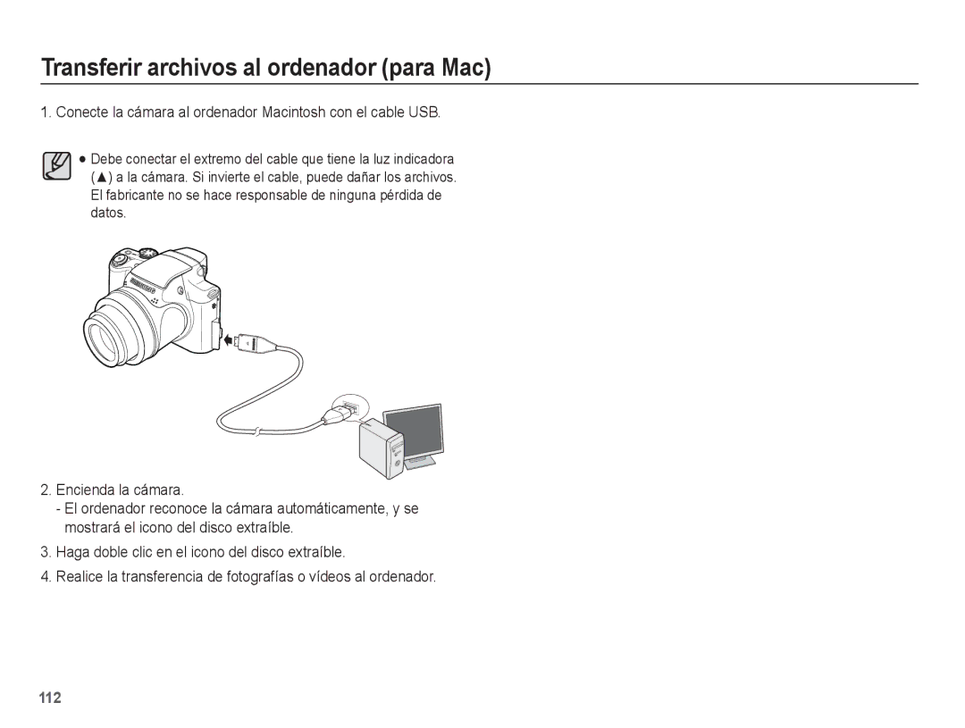 Samsung EC-WB5500BPBE1, EC-WB5500BPAE1 manual Conecte la cámara al ordenador Macintosh con el cable USB, Encienda la cámara 