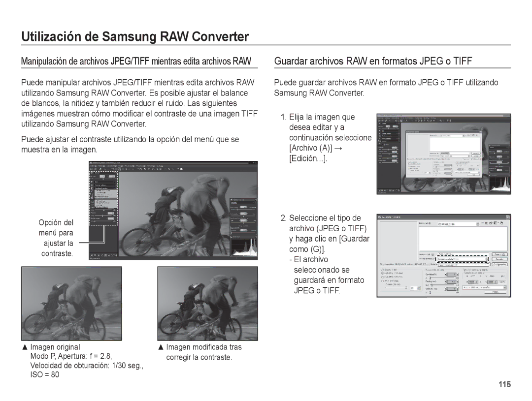 Samsung EC-WB5500BPAE1, EC-WB5500BPBE1 manual Guardar archivos RAW en formatos Jpeg o Tiff 