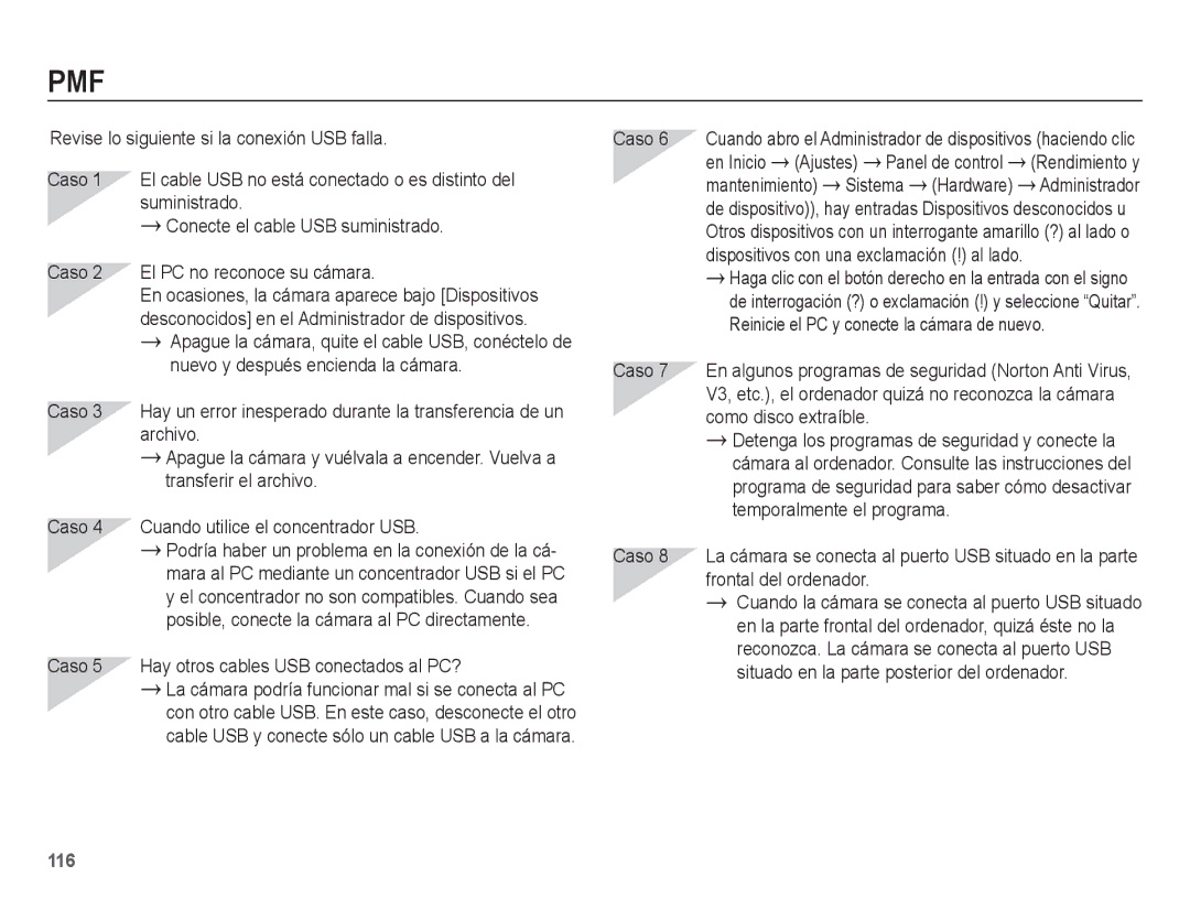 Samsung EC-WB5500BPBE1 Caso 5 Hay otros cables USB conectados al PC?, En Inicio Ajustes, Mantenimiento Sistema Hardware 