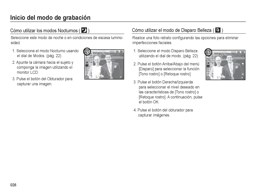 Samsung EC-WB5500BPBE1, EC-WB5500BPAE1 manual Cómo utilizar los modos Nocturnos, Cómo utilizar el modo de Disparo Belleza 