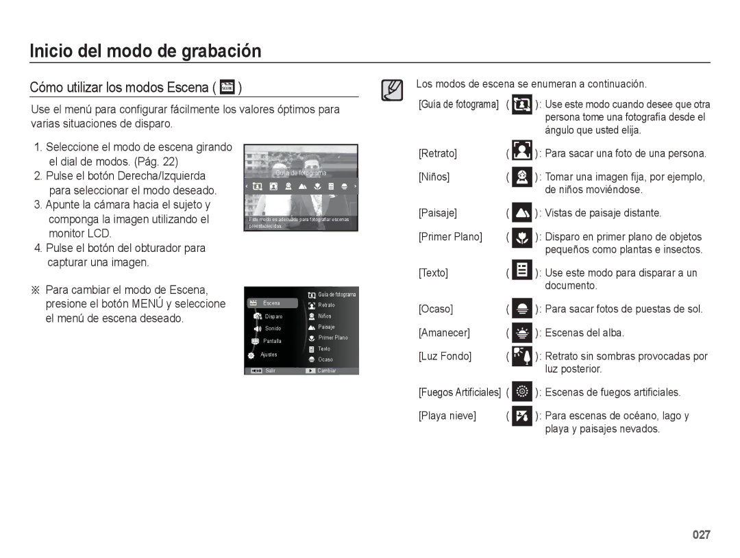 Samsung EC-WB5500BPAE1, EC-WB5500BPBE1 manual Cómo utilizar los modos Escena 