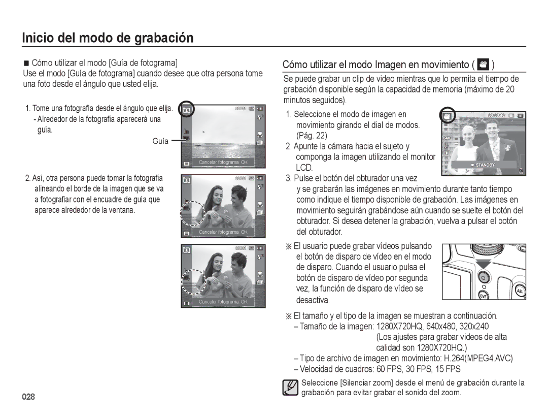 Samsung EC-WB5500BPBE1 manual Cómo utilizar el modo Imagen en movimiento, Velocidad de cuadros 60 FPS, 30 FPS, 15 FPS, Guía 