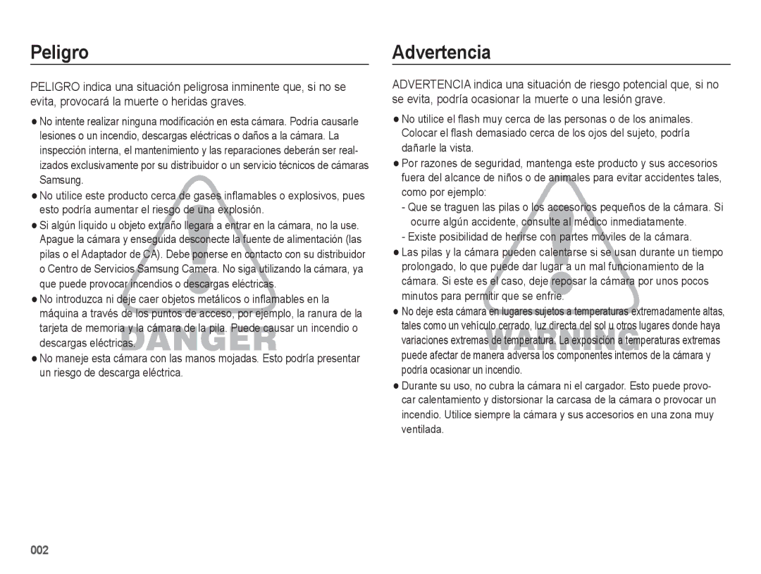 Samsung EC-WB5500BPBE1, EC-WB5500BPAE1 manual Peligro, Advertencia 