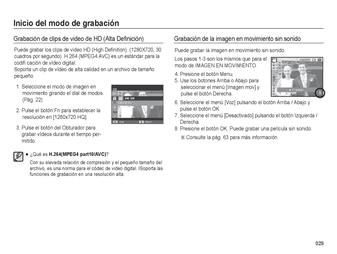 Samsung EC-WB5500BPAE1 Grabación de clips de video de HD Alta Deﬁnición, Grabación de la imagen en movimiento sin sonido 