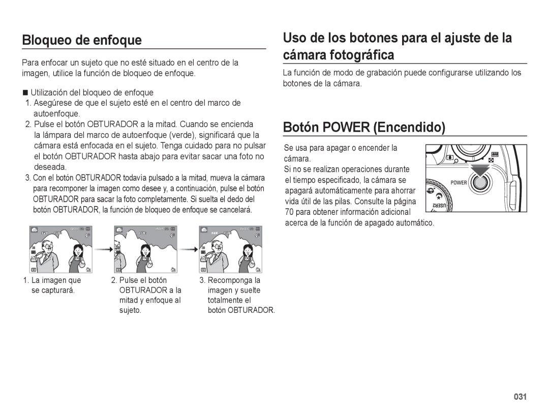 Samsung EC-WB5500BPAE1, EC-WB5500BPBE1 manual Bloqueo de enfoque, Uso de los botones para el ajuste de la cámara fotográﬁca 