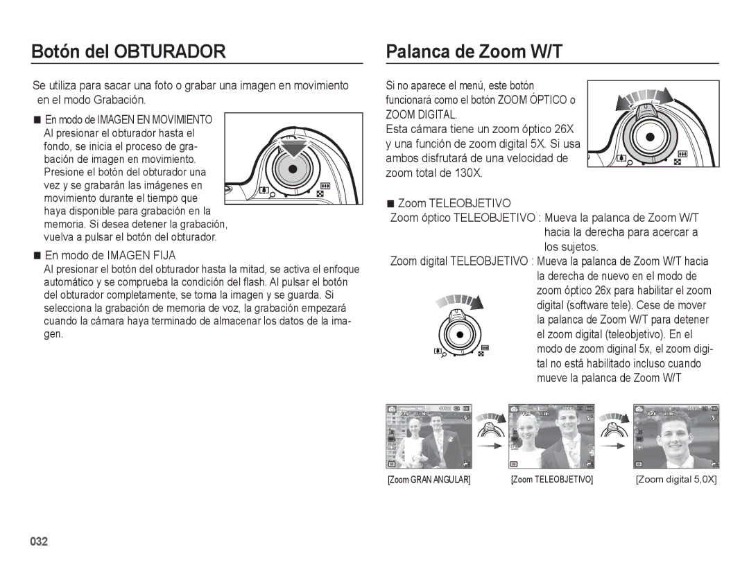 Samsung EC-WB5500BPBE1, EC-WB5500BPAE1 manual Botón del Obturador, Palanca de Zoom W/T, En modo de Imagen Fija 