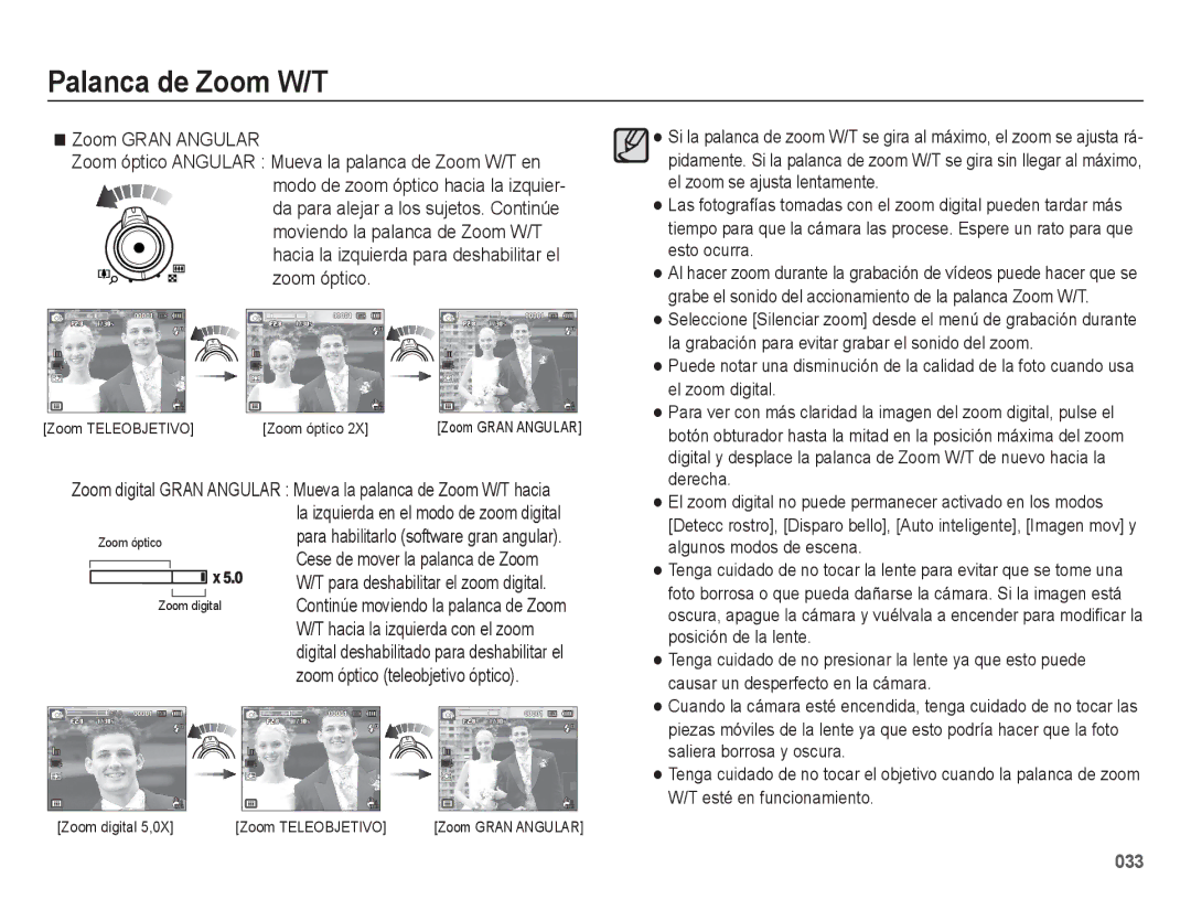 Samsung EC-WB5500BPAE1, EC-WB5500BPBE1 manual Zoom Gran Angular, Hacia la izquierda para deshabilitar el zoom óptico 