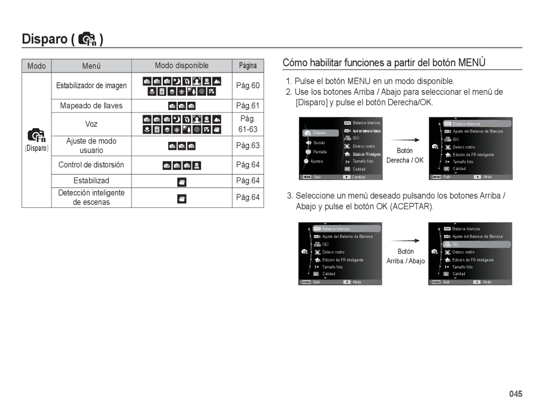 Samsung EC-WB5500BPAE1, EC-WB5500BPBE1 manual Pulse el botón Menu en un modo disponible, Disparo y pulse el botón Derecha/OK 