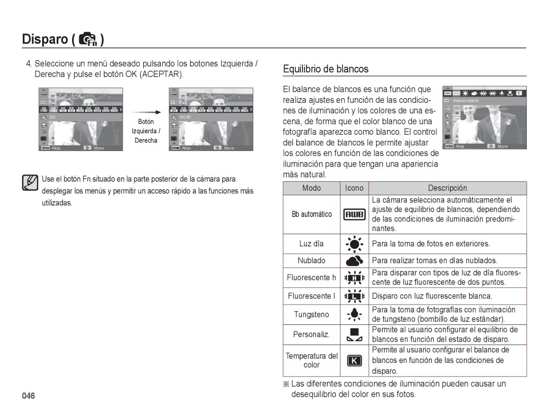 Samsung EC-WB5500BPBE1, EC-WB5500BPAE1 manual Equilibrio de blancos, Desequilibrio del color en sus fotos 