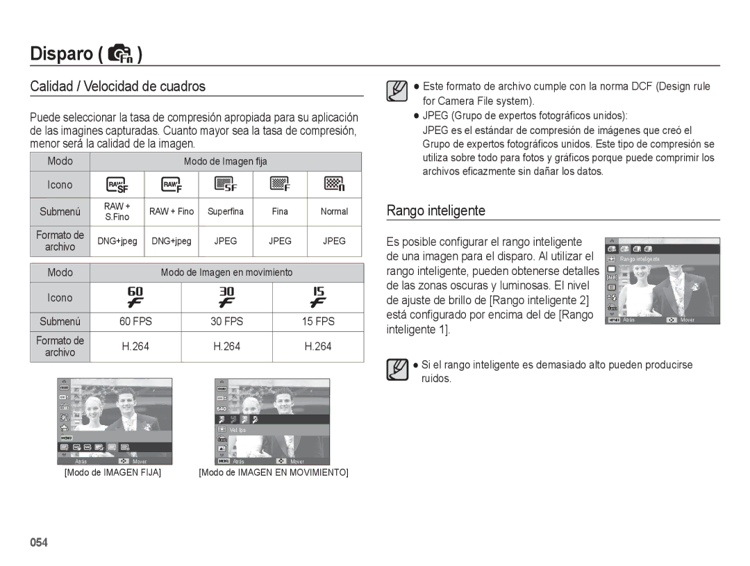 Samsung EC-WB5500BPBE1, EC-WB5500BPAE1 manual Calidad / Velocidad de cuadros, Rango inteligente 