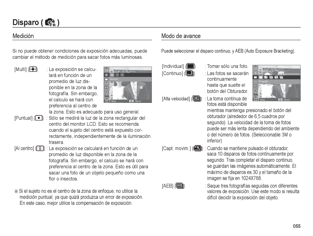 Samsung EC-WB5500BPAE1, EC-WB5500BPBE1 manual Medición, Modo de avance 