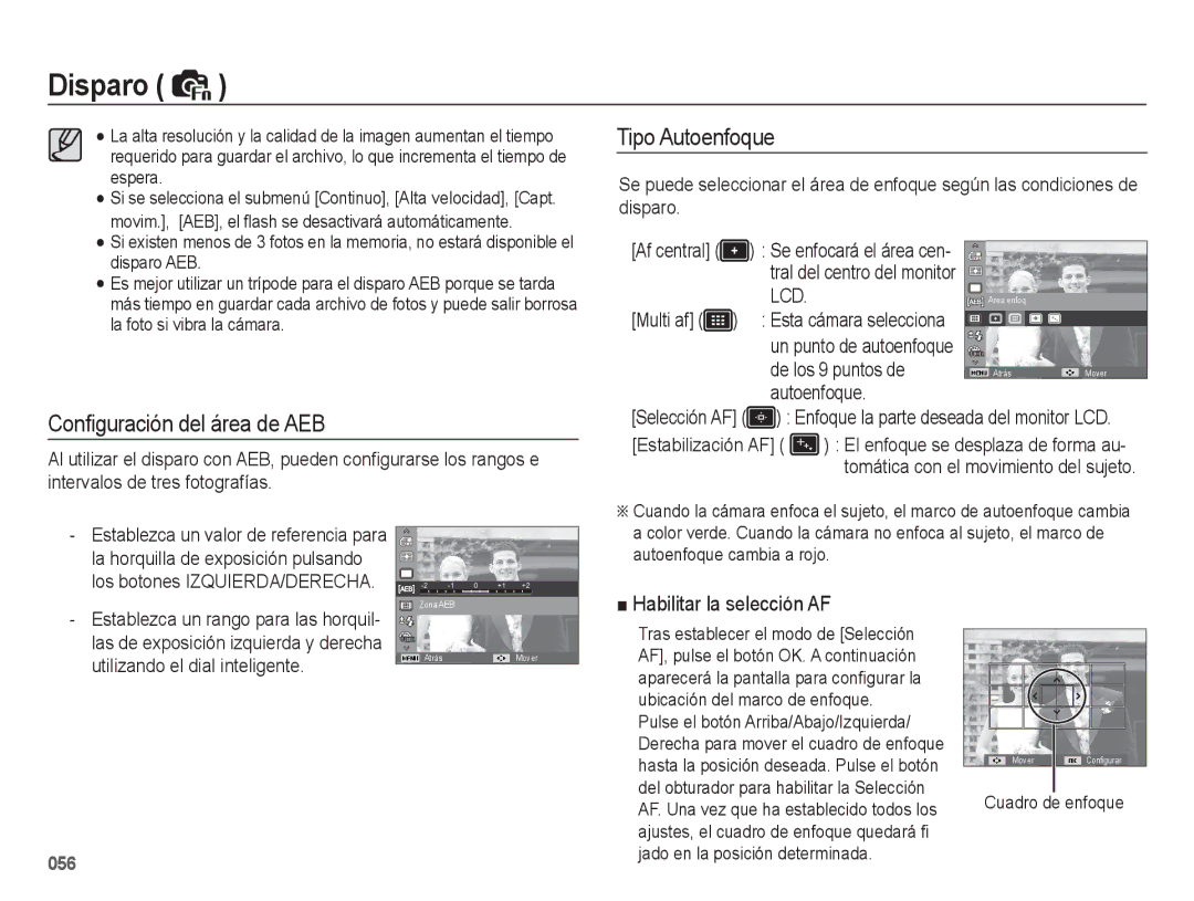 Samsung EC-WB5500BPBE1, EC-WB5500BPAE1 manual Conﬁguración del área de AEB, Tipo Autoenfoque 