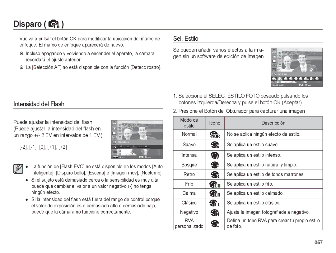 Samsung EC-WB5500BPAE1, EC-WB5500BPBE1 manual Intensidad del Flash Sel. Estilo, 0, +1, +2 